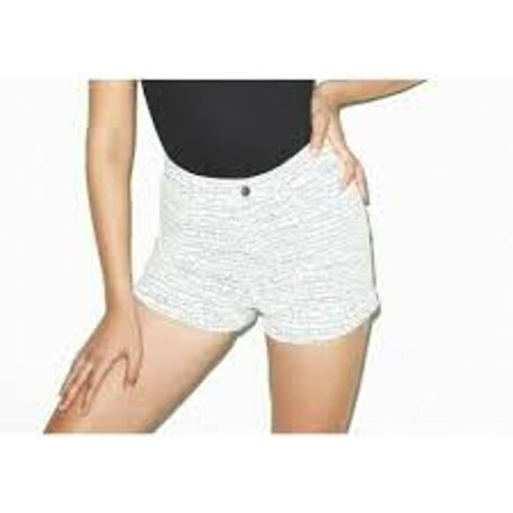 NWT AMERICAN APPAREL WOMENS WHITE/BLACK PRINT DENIM THE HIGH WAIST CUFF SHORT 34 - Picture 1 of 8
